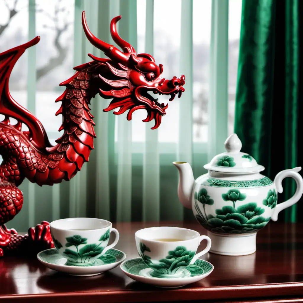 Chinese red dragon statue on a wooden table, there is a dark green silk curtain behind it, there are plain white tea cups, there is a Hungarian dog statue next to the dragon, there are white tulips