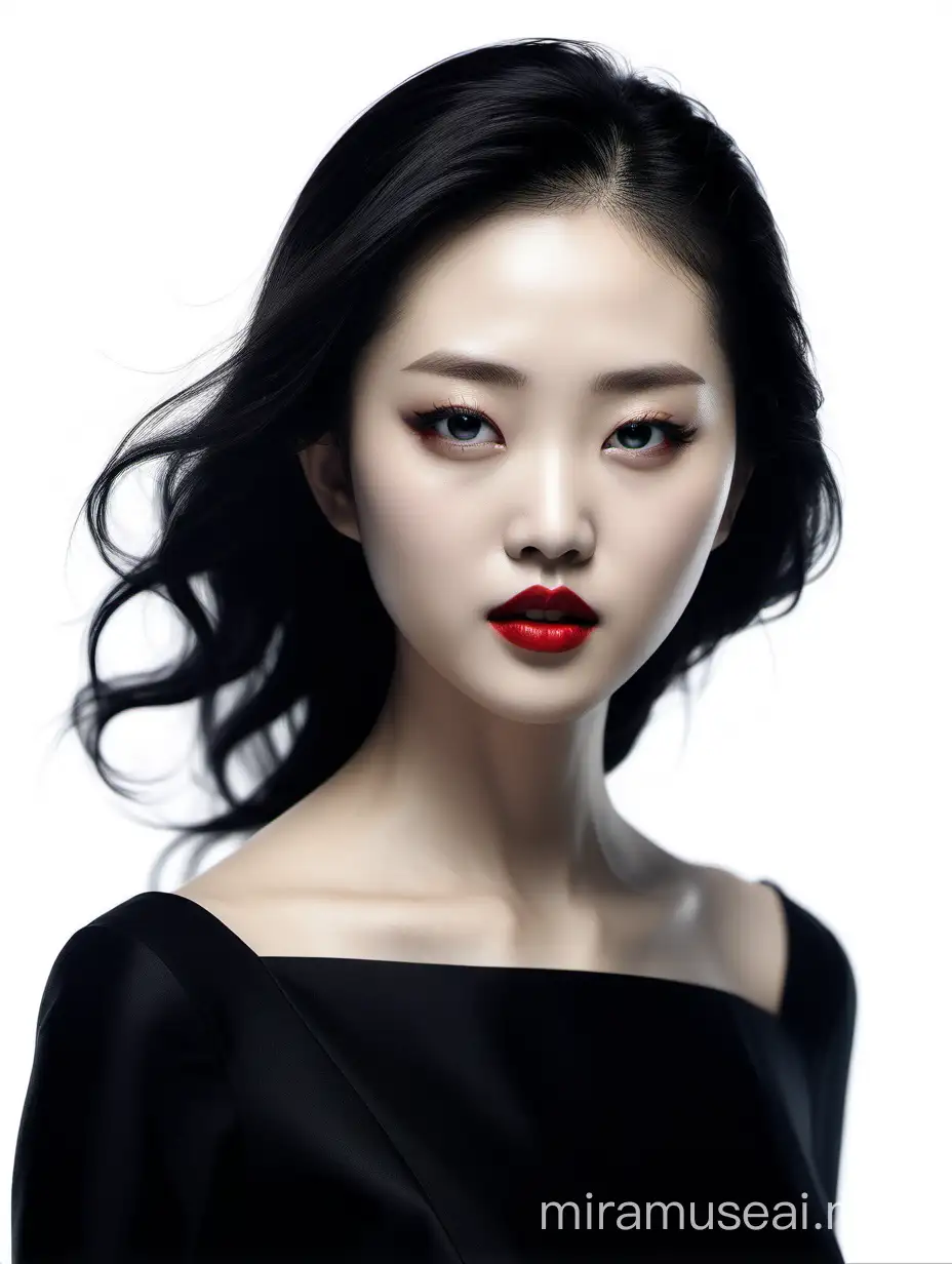 Chinese ink style portrait of Chinese photographer Zhang Jingna, wearing a black dress and red lipstick with an elegant face against a white background. A flat, high definition illustration in the style of Chinese ink. --ar 71:129 --stylize 750