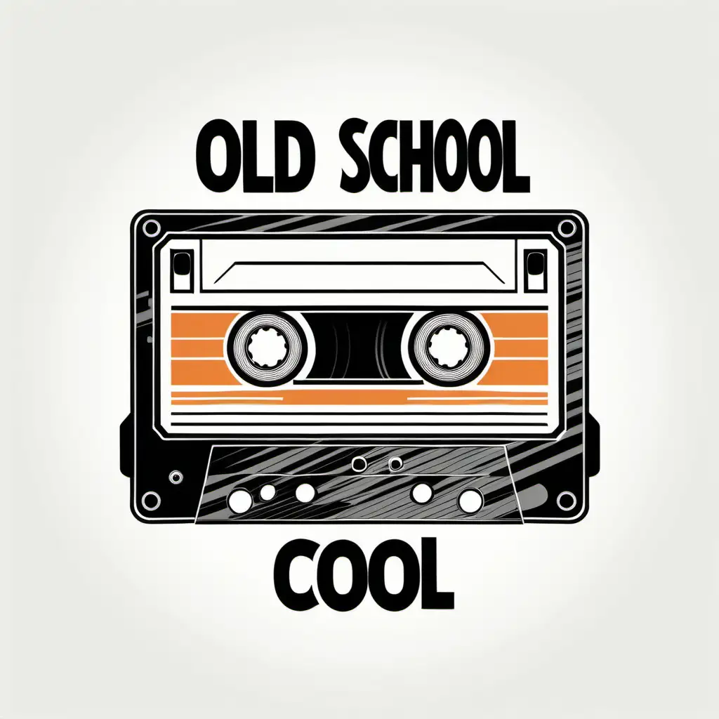 genera un diseño con fondo blanco con la frase: "Old School Cool" de manera humorística, incorporando elementos retro como una cinta de casete o un vinilo, junto con una tipografía que recuerde a los años 70 u 80.