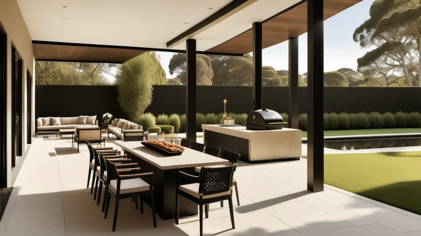 imagine an organic minimalist classic contemporary large hotel-style home outdoor entertaining with BBQ in a colour palette of beige, black, oak and brass; sunlight; large windows with a view of the manicured gardens;