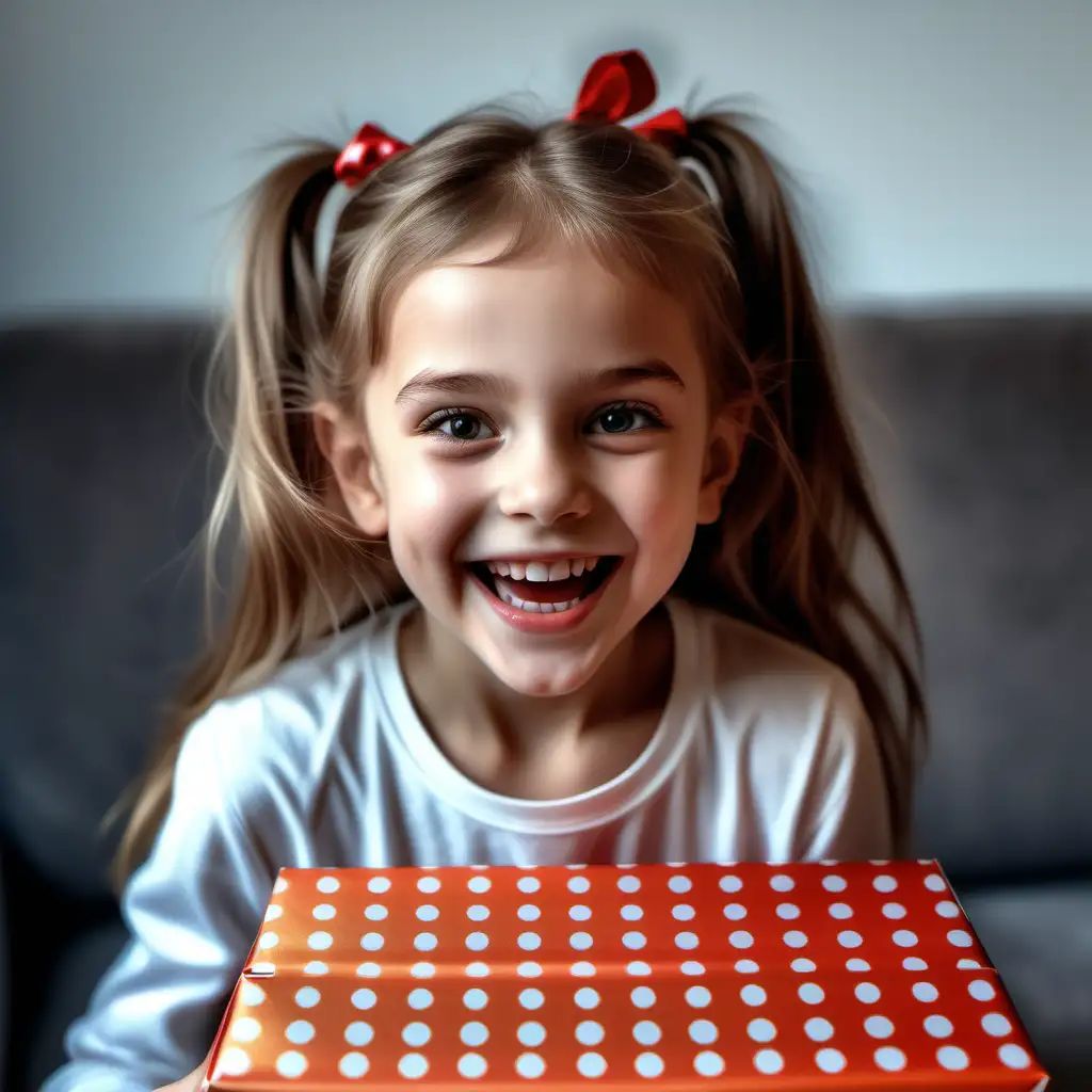 5 years old girl opening a present at home, the girl smiles with ilusion, hyper realist photography, ultra detailed