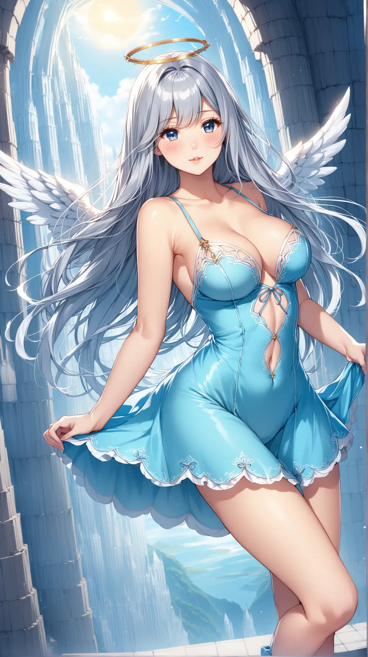 Sexy women, angel costume, light grey long hair, blue short dress, fantastic background 