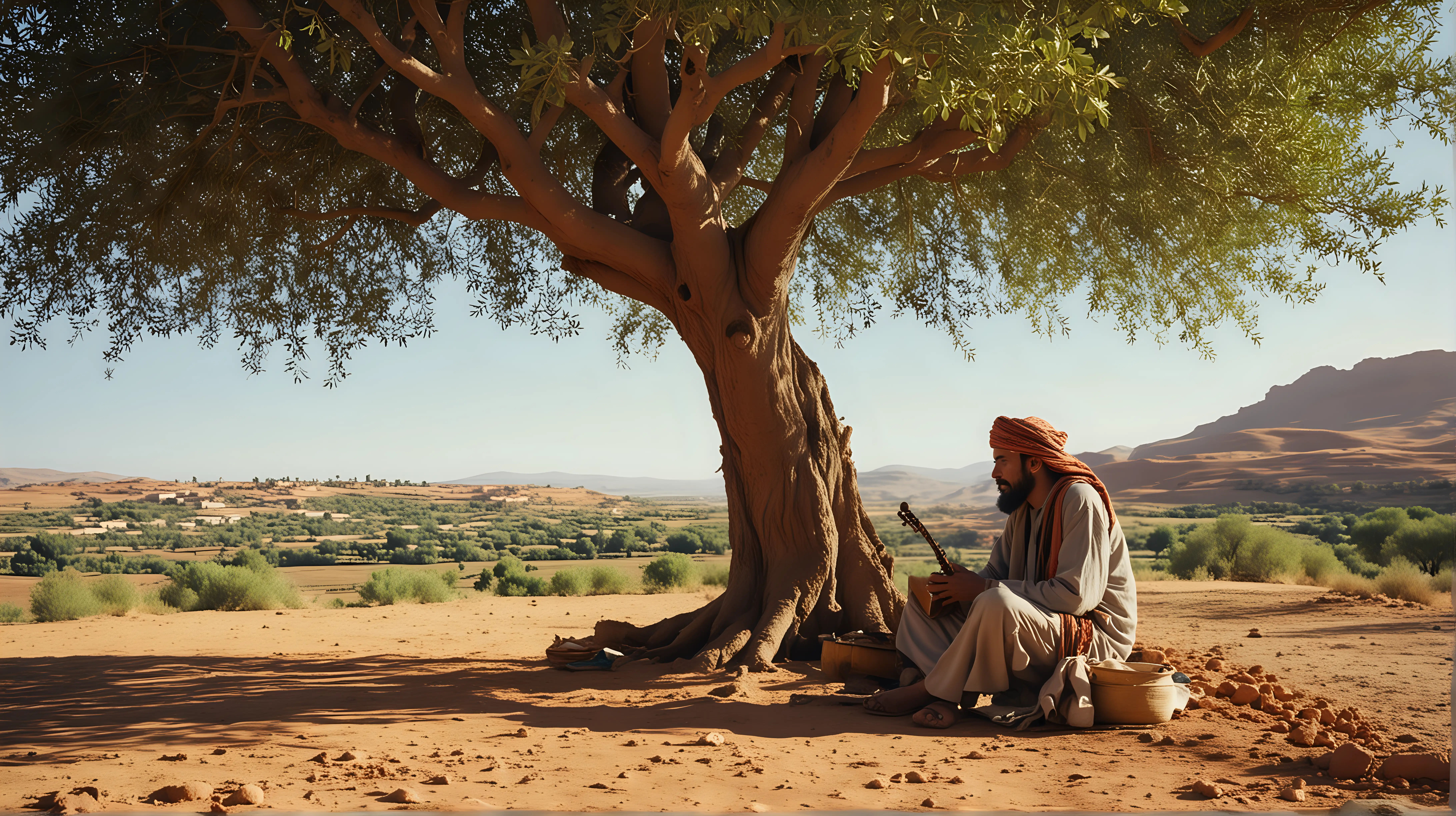 lonely Moroccan musician, sits under a tree, at the side of a path in the country side, having lunch, a traditional Moroccan village can be seen in the distance, midday light, cinematic, close-up shot