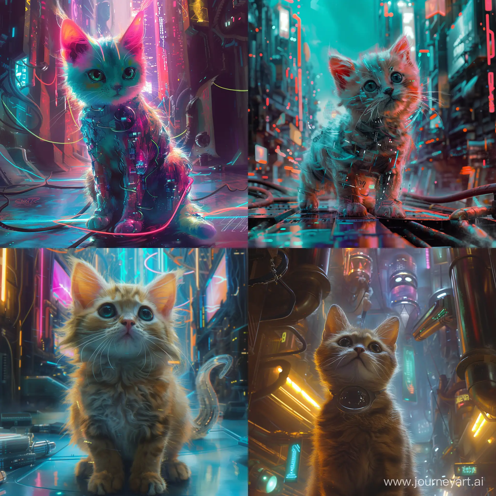 Create a charming image for a bizarre story involving a single female kitty in the style of cyberpunk 2077. Capture the charming essence of this unique creature in a magical setting