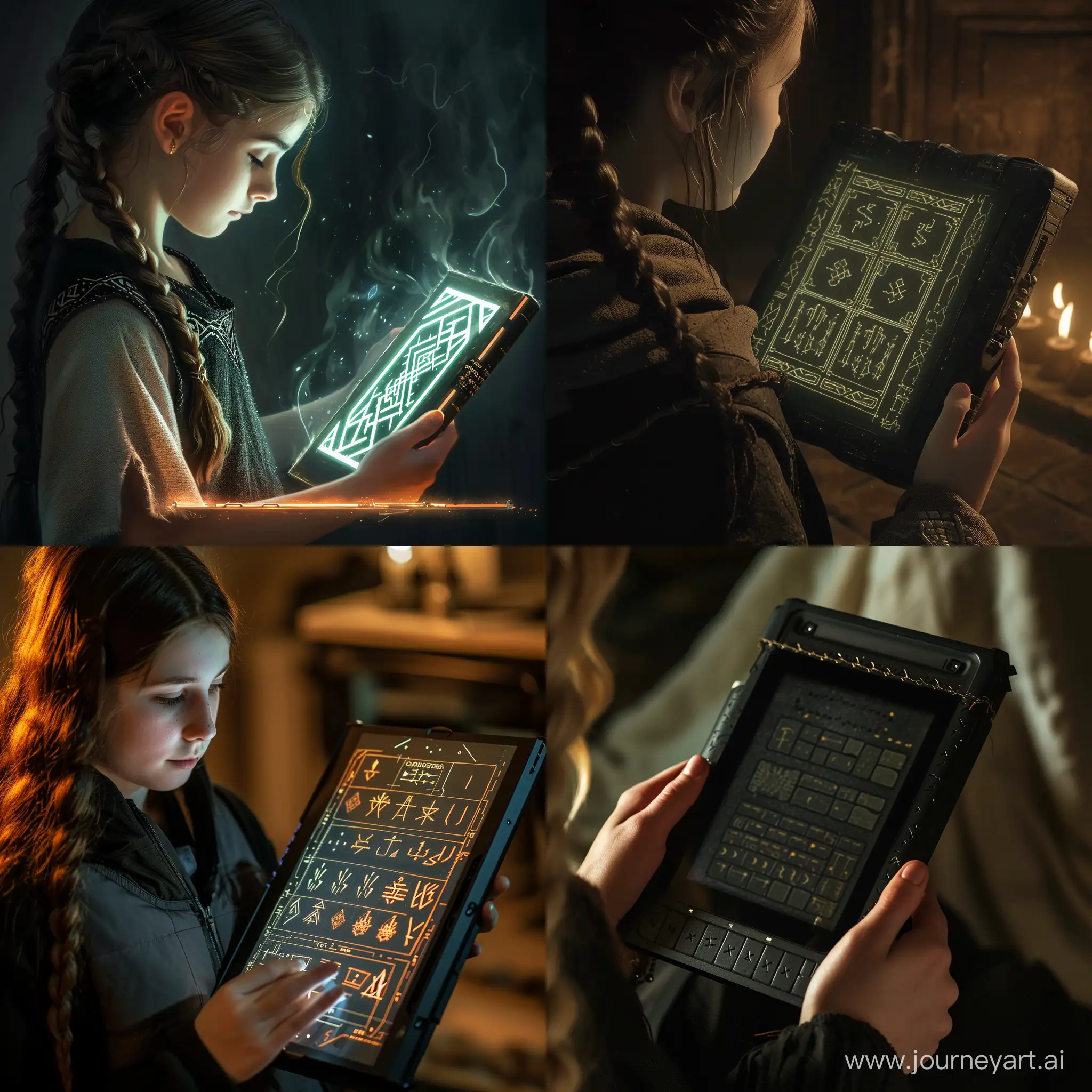Enchanting-Moment-Young-Girl-Engrossed-in-Electronic-Rune-Book