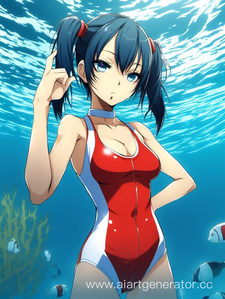 full body view anime girl young adult. She wears a red one-piece lifeguard swimsuit with white plus oh her breast. She has dark blue short hair tied in a two pigtails. She has teal eyes. She is standing underwater. Annoyed expression and pose.