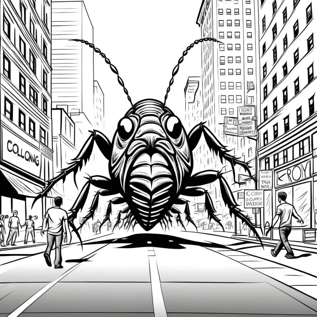 giant monster cockroaches chasing men in streets of NYC, coloring pages for children