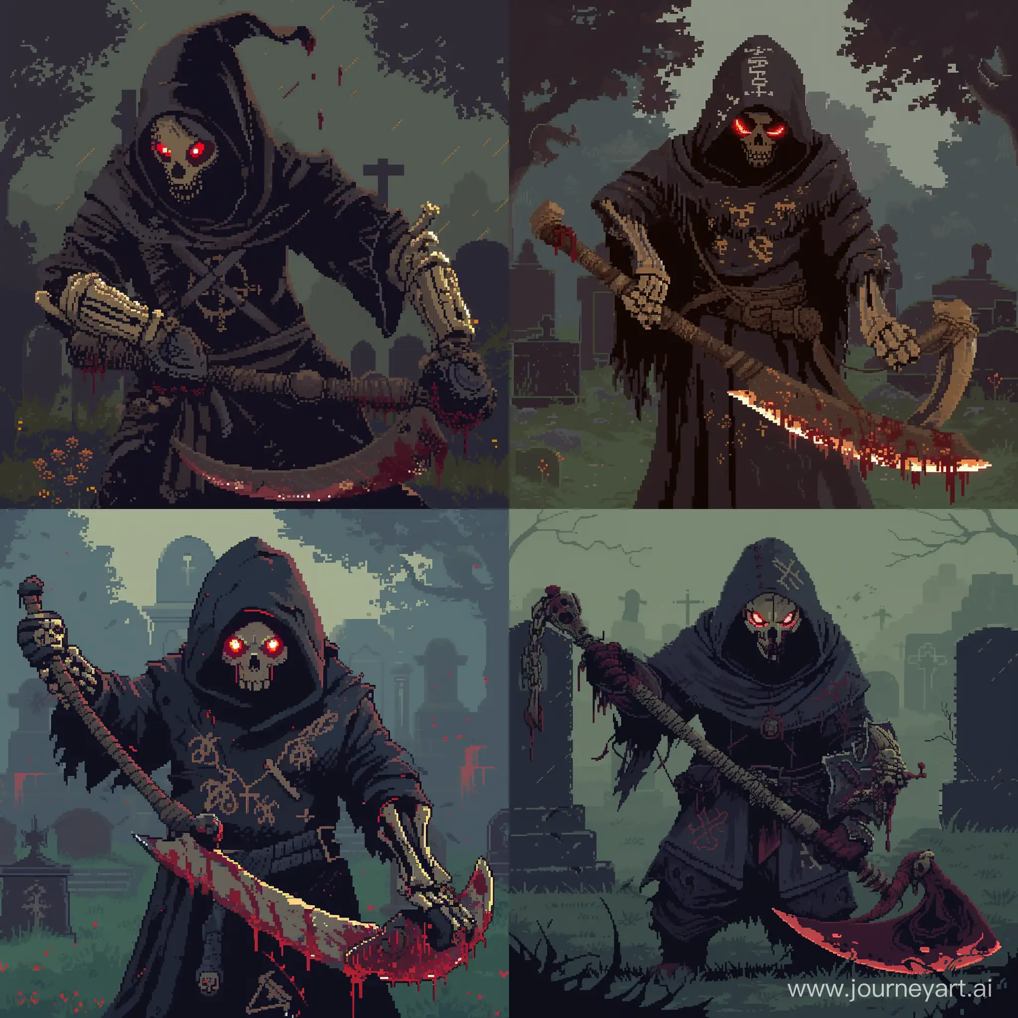 A man wearing a Dark hooded robe adorned with occult symbols Bone gauntlets and greaves Skull mask with glowing red eyes wielding a Weapon, Wicked scythe forged from corrupted bone, in a cemetery, 1990's pixel art, 1970's dark fantasy style, bloodborne style, dark, gritty, edgy, blood on weapon