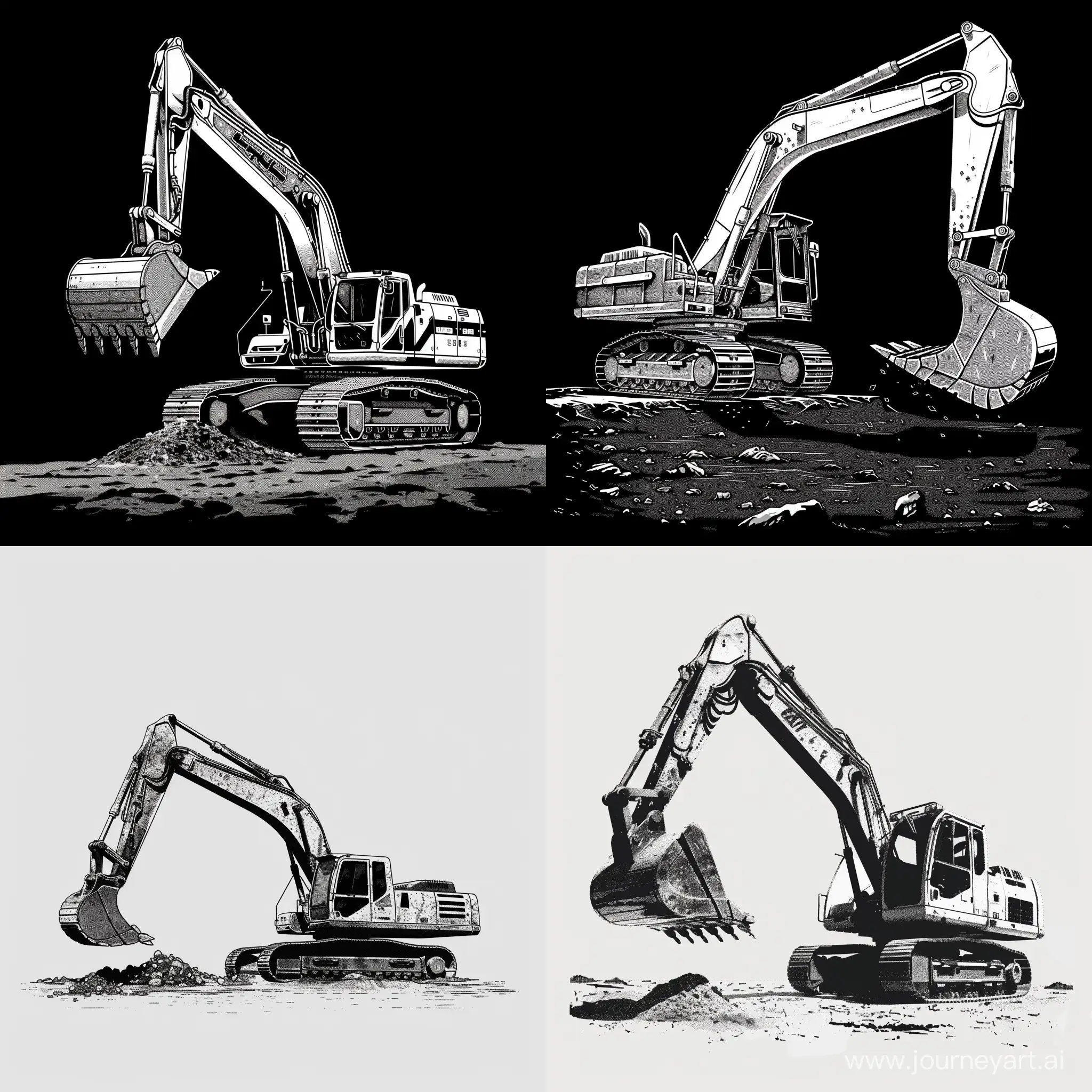 Excavator and tipper, vector, minimalistic, black and white
