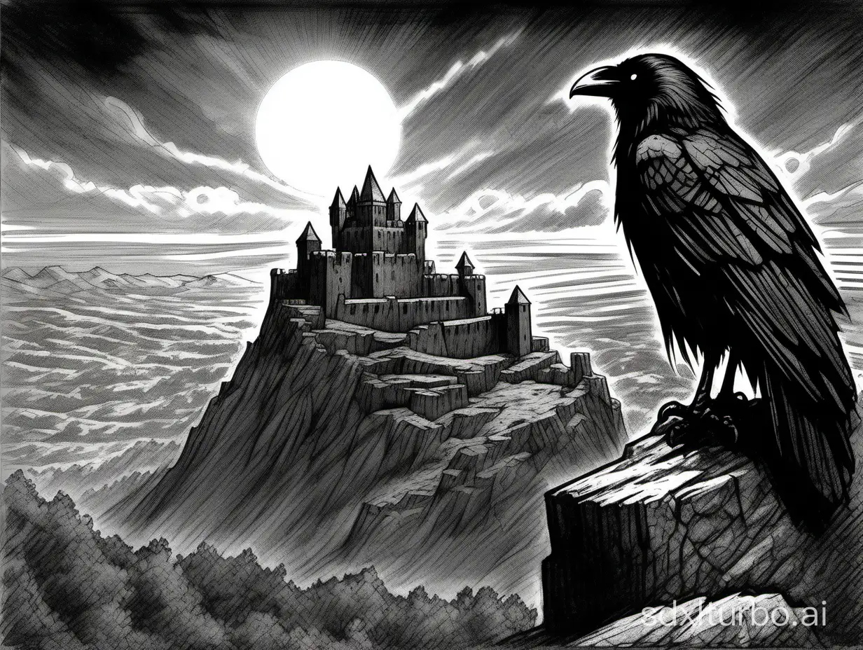Raven-Perched-Amidst-Nocturnal-Fortress-A-Gothic-Black-and-White-Ink-Sketch