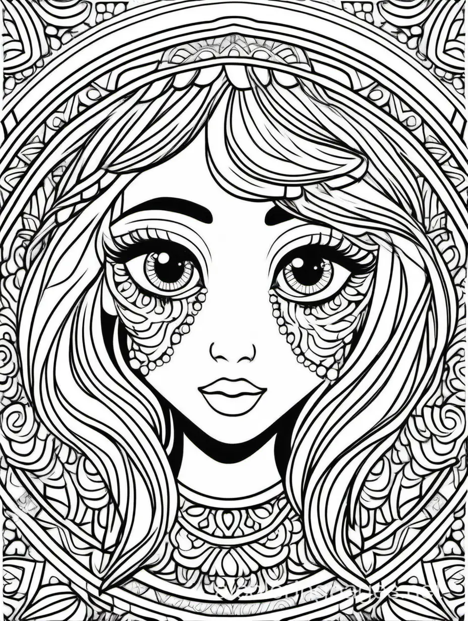 line work, coloring book, big eye beautiful girl, mandala, black and white, thick lines, vector file, Coloring Page, black and white, line art, white background, Simplicity, Ample White Space. The background of the coloring page is plain white to make it easy for young children to color within the lines. The outlines of all the subjects are easy to distinguish, making it simple for kids to color without too much difficulty