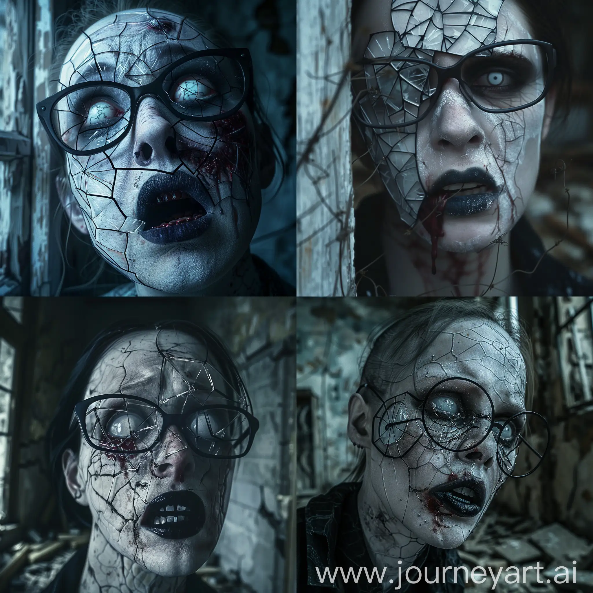A woman with shattered eyeglasses, bloody mouth, her eyes are white, veiny face, pale skin, black lipstick, at ruined house, mad, psychopath, dark environment, creepy, close up photorealism, cinematic lighting, realistic image