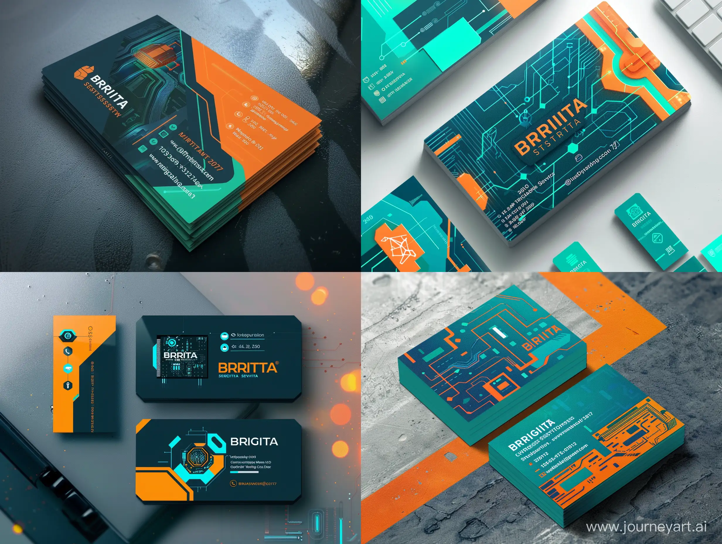 Come up with a design of a business card  for the Cybersecurity Systems Engine of the company name BRIGITA. The company provides information technology  and Cybersecurity services. The corporate colors are orange, blue and light green. The design should be rest to cyberpunk 2077.