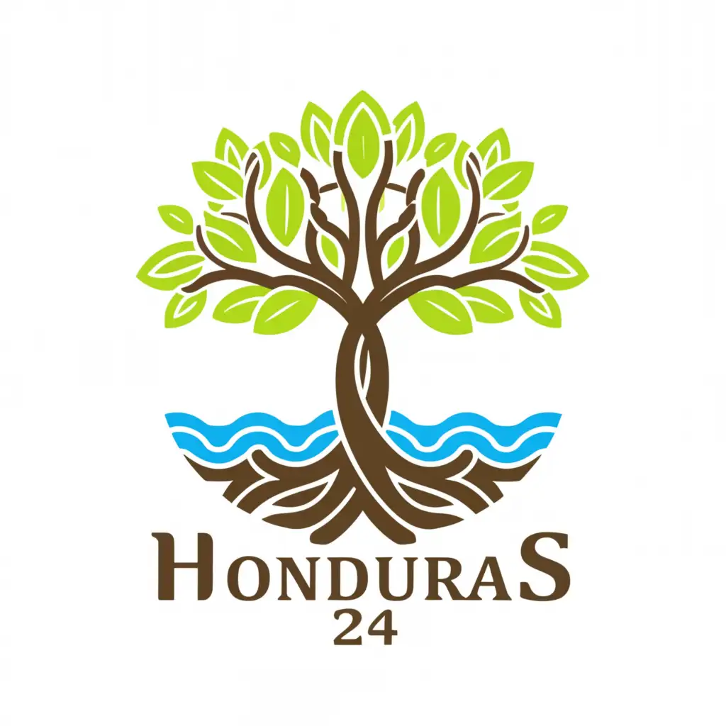 a logo design, with the text 'HONDURAS 24', main symbol: Tree over ocean, complex, to be used in Travel industry, clear background, no tm, no cross, black on white background only
