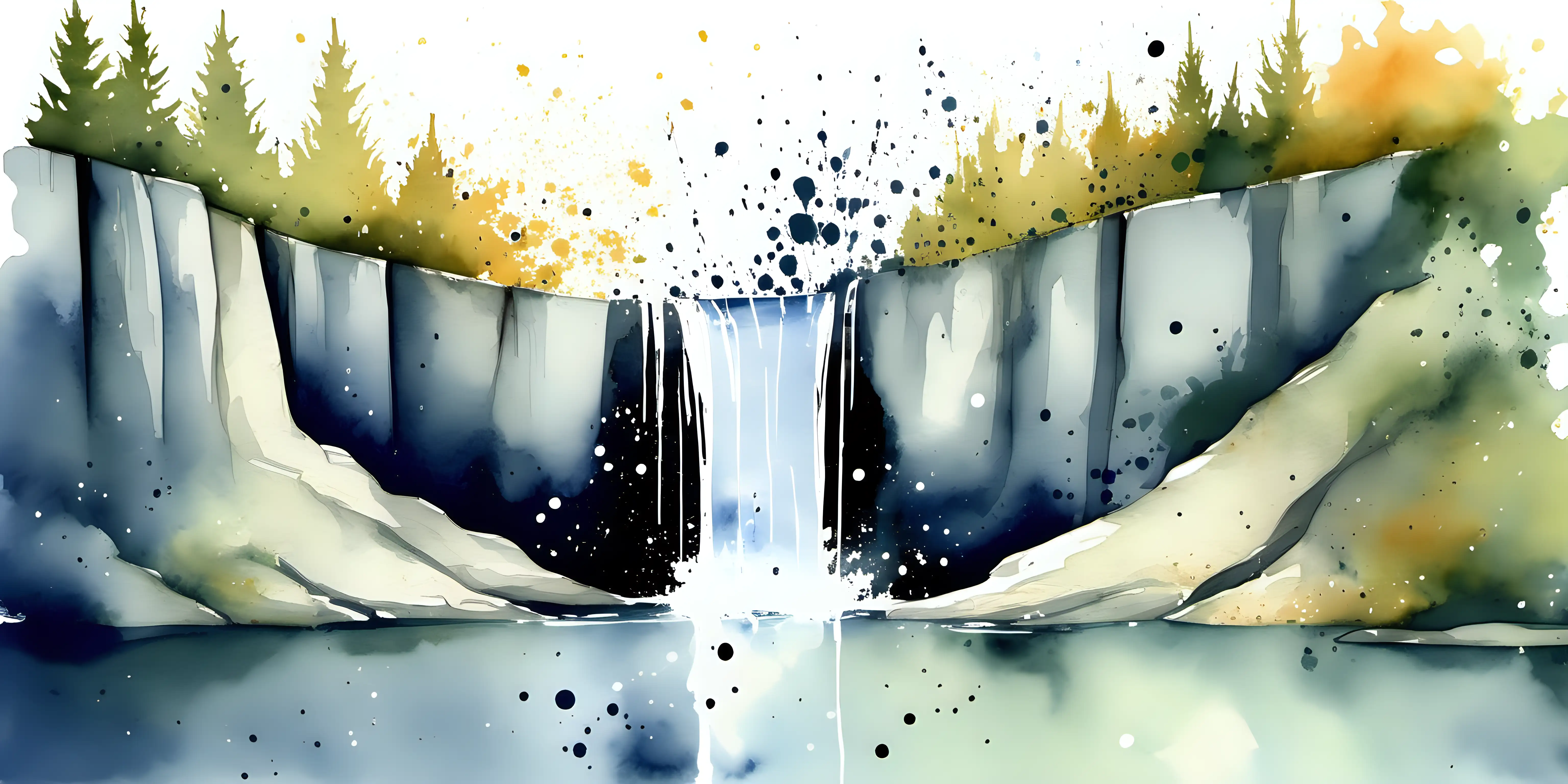 watercolor, waterfall, small lake, paint splatters, minimalistic style