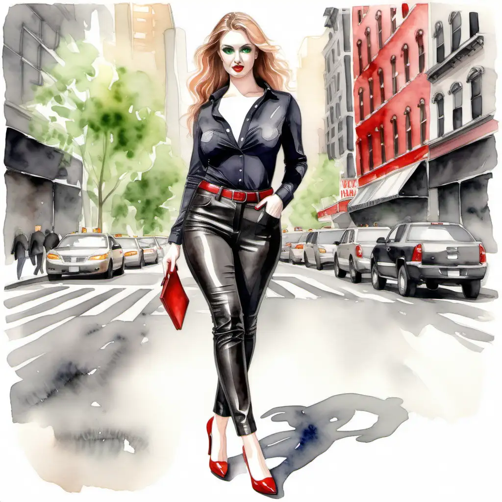 Sexy curvy white girl, green eyes, red hired walking in the new york streed dressing high heel and leather Black pants, watercolor.