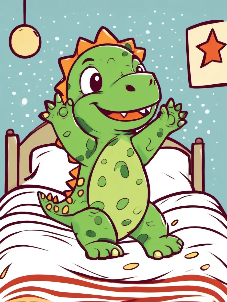 маленький динозавр сидит на кровати, под одеялом, руки подняты вверх, одет в пижаму, детский стиль, для детей
