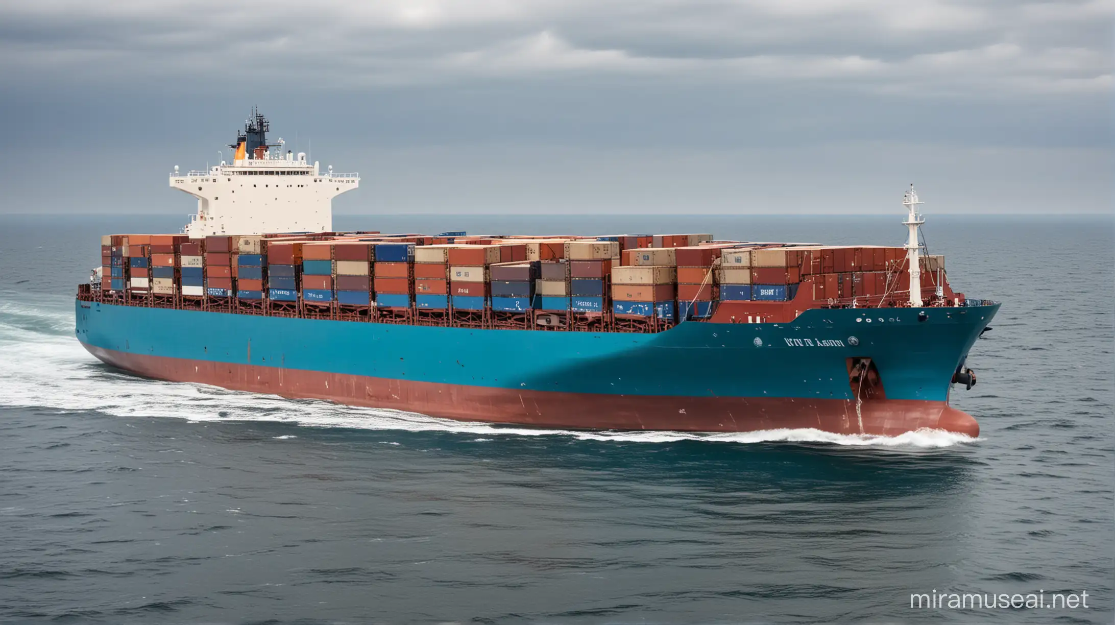 A fully loaded modern cargo ship on a voyage