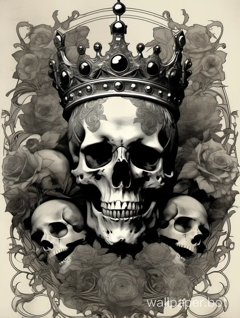 surprising skull wearing a ornamental crown, assimetrical, alphonse mucha, poster, hiperdetailed,  black,white, gray, red, hipercontrast