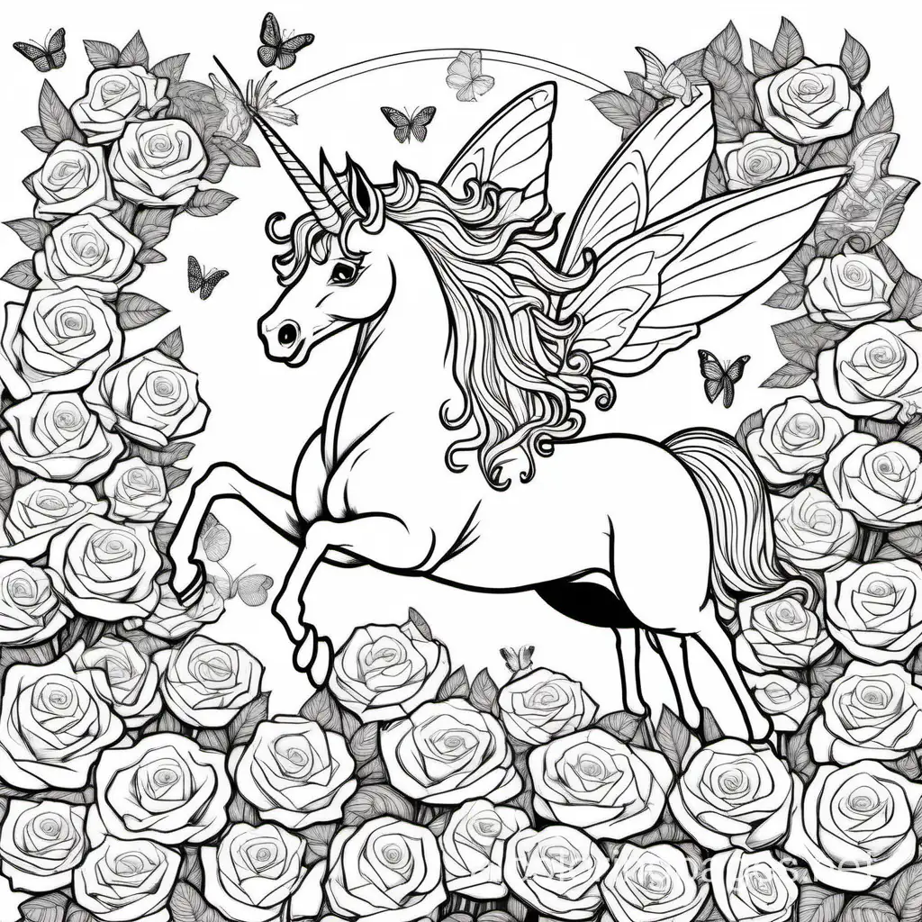 Unicorn sitting in a bed of roses with butterflies and fairies flying around the unicorn, Coloring Page, black and white, line art, white background, Simplicity, Ample White Space. The background of the coloring page is plain white to make it easy for young children to color within the lines. The outlines of all the subjects are easy to distinguish, making it simple for kids to color without too much difficulty