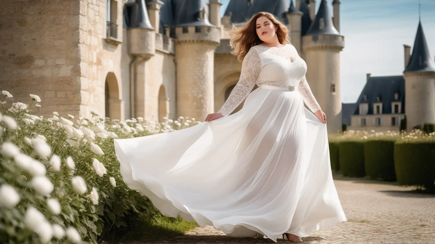 beautiful, sensual, elegant plus size model wearing a long lace white gown with a very flared skirt, white long flared skirt, fitted white bodice, round neck, long tight sleeves, high defined waistline with a waistband tonal to the dress, slight romantic smile, hair is flowing in the wind, luxury photoshoot inside a castle in France, flowers in the background