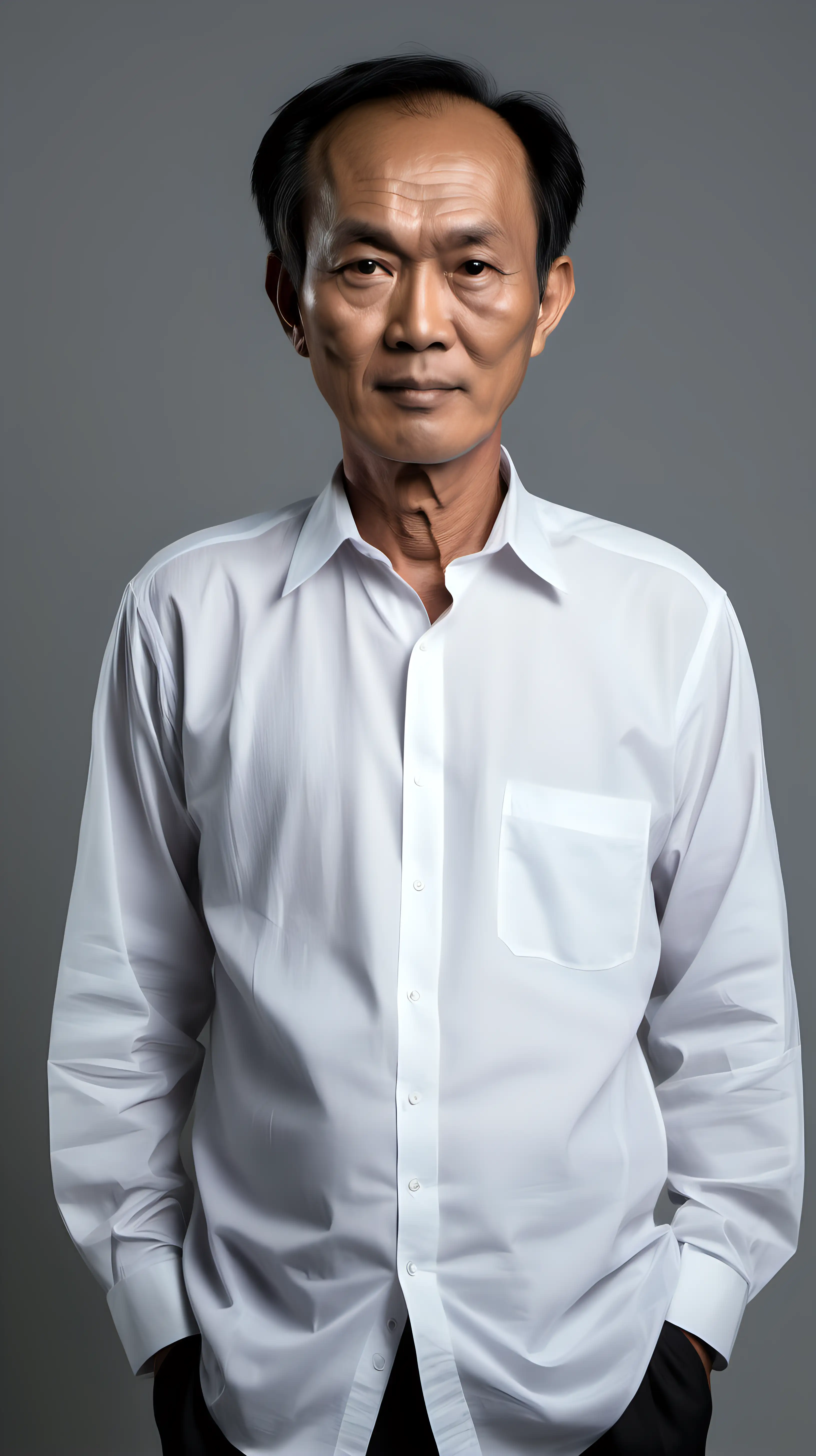 a 60 year old south east asian man with skinny figure, black short thin sleek hair, full face big forehead, wearing white shirt untucked, standing 