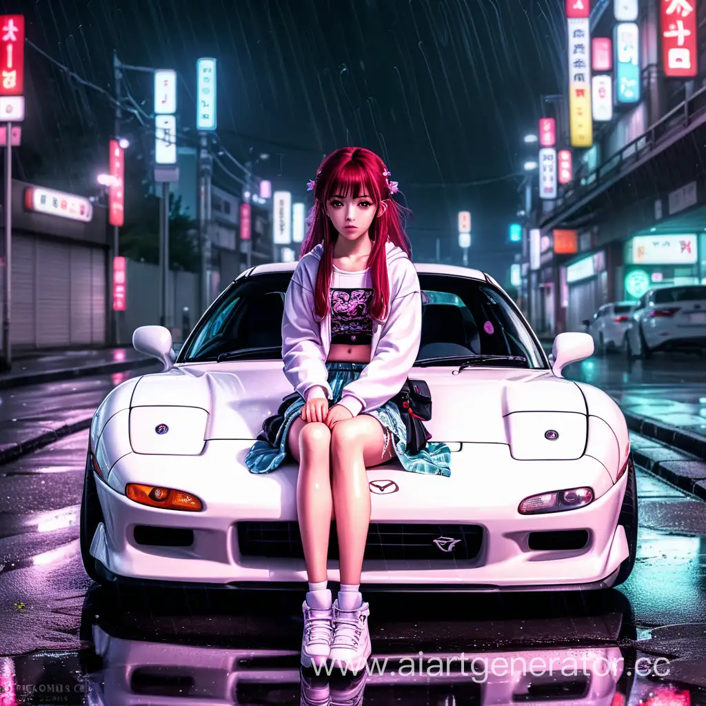 Anime sweet girl sitting on a car white tuned Mazda RX7 in a skirt. Rain. Puddles. Neon. sad vibe. sakura in the background