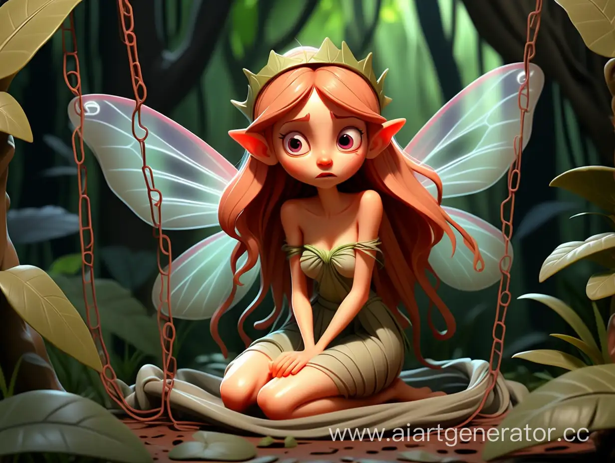 cartoon style, 8k, a fairy, fairy wearing long cloth caught in a trap in the jungle