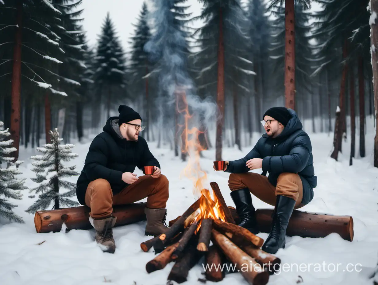 Два парня в огромных высоких сапогах и очках в зимнем лесу среди снега и ёлок сидят у костра на бревне и едят еду