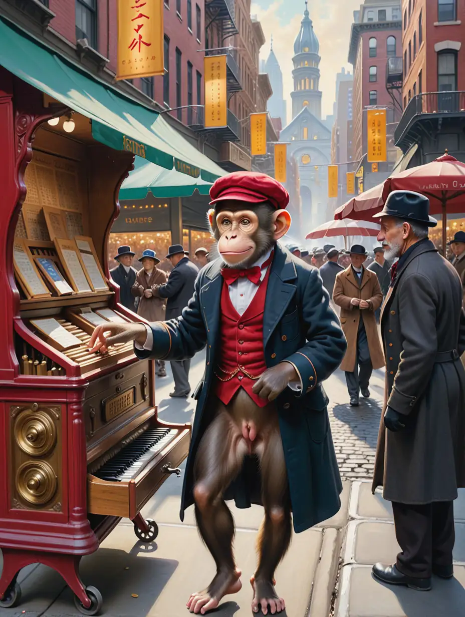 Imagine a bustling New York City street scene, depicted in the energetic and detailed style of Reginald Marsh, known for his vivid portrayal of urban life in the early 20th century. In the foreground, an elderly organ grinder, clad in a worn, dark coat and a flat cap, cranks his richly decorated, vintage organ. Perched playfully on his shoulder is a small, lively monkey, dressed in a bright red vest and a tiny matching cap, reaching out to collect coins from passersby. The background buzzes with the energy of the city—crowds of diverse people in period attire, tall buildings with ornate facades, and vintage cars lining the street. The scene captures a moment of whimsical interaction amidst the hustle and bustle of city life, rendered in Marsh's signature expressive lines and dynamic composition.