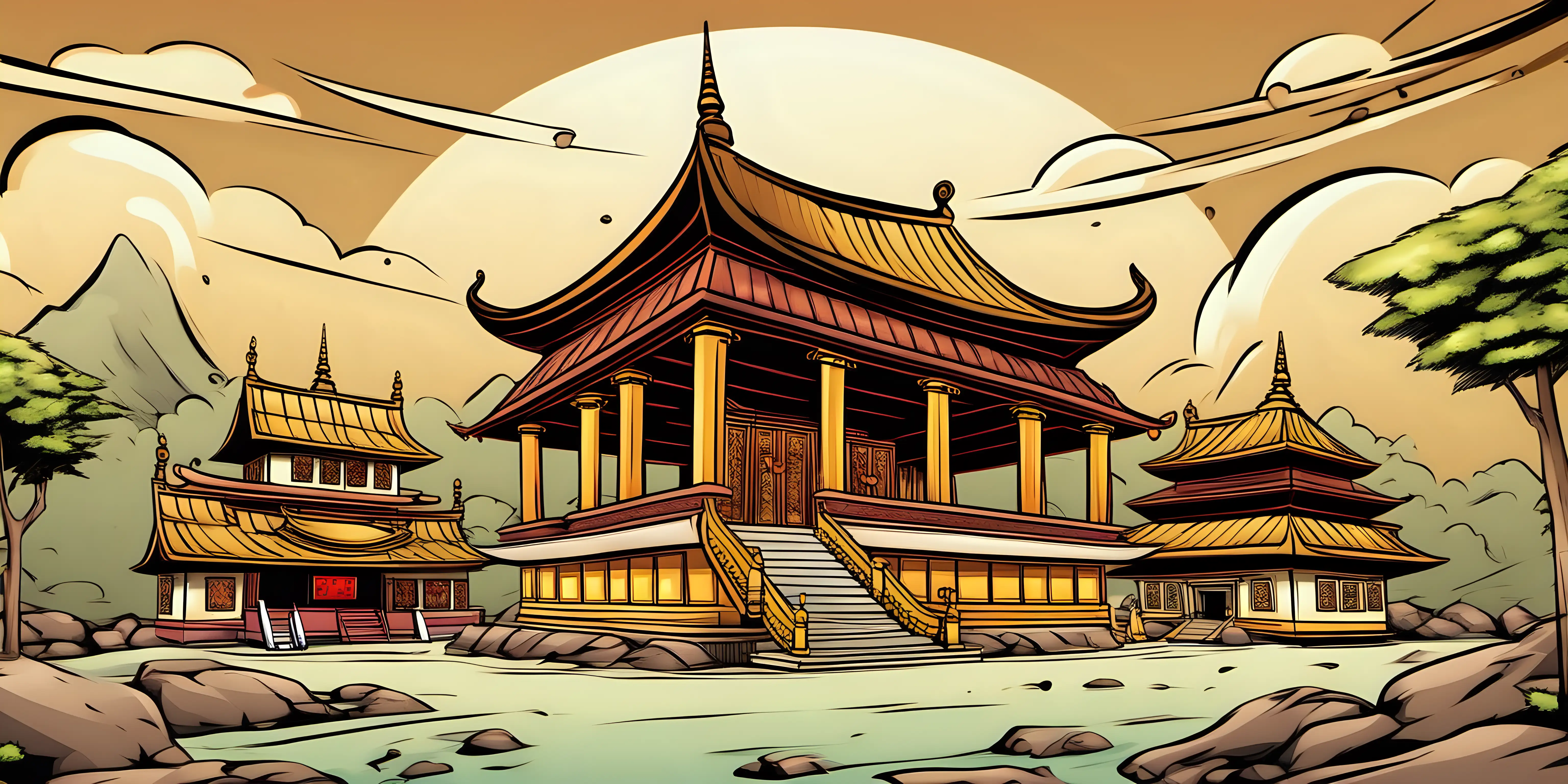 Serene Cartoon Buddhist Temple with Ringing Bells