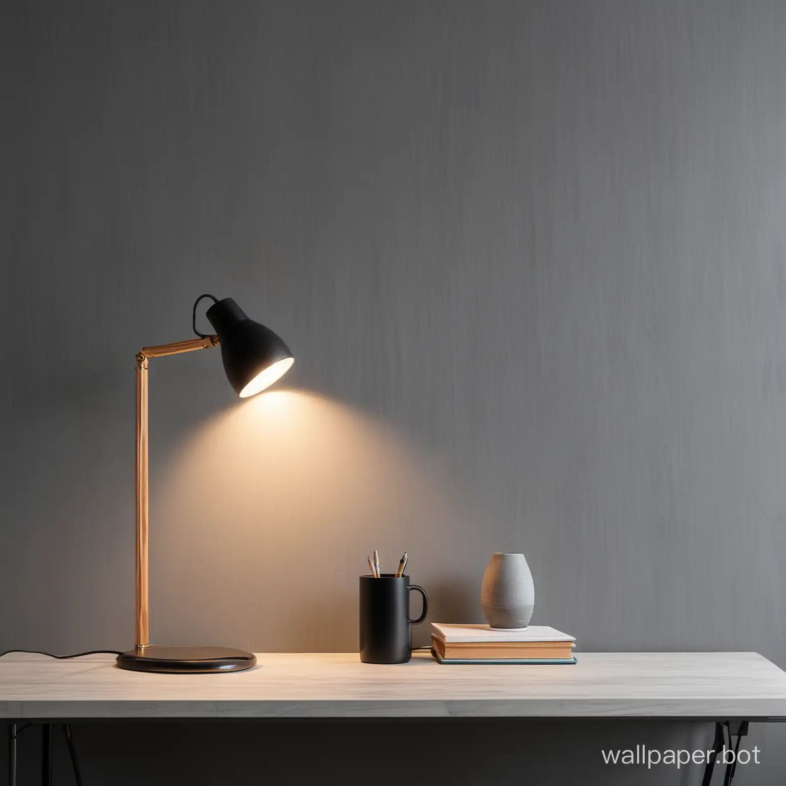 minimalist gray office wallpaper with one wood item and one black item with the focus on a lamp