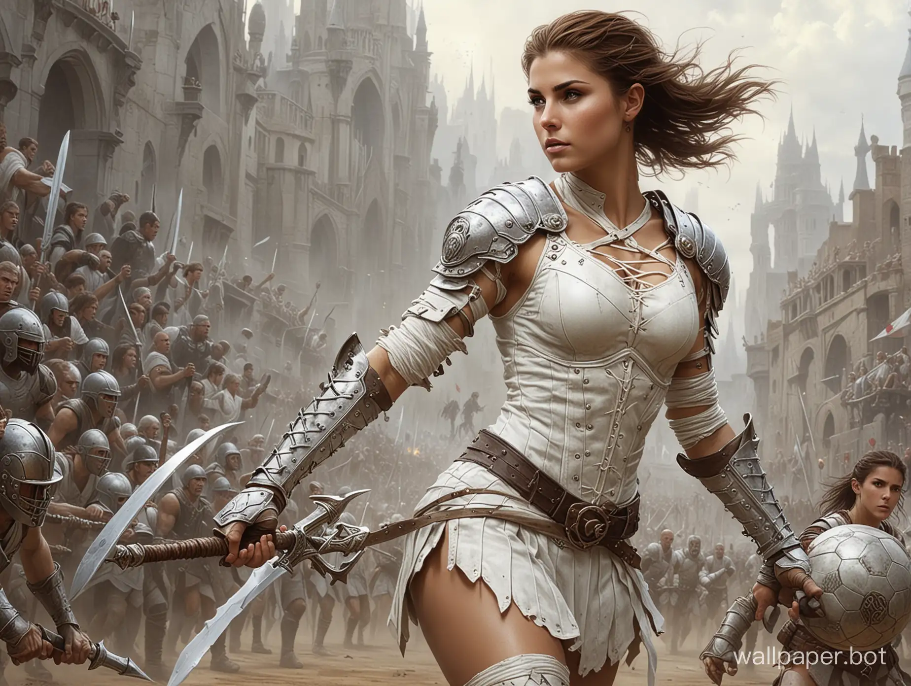 Soccer  Alex Morgan  25 years old  short haircut    beautiful half-orc gladiator  in white armor with a ball   lace-up breeches  in half-turn  style  Luis Royo