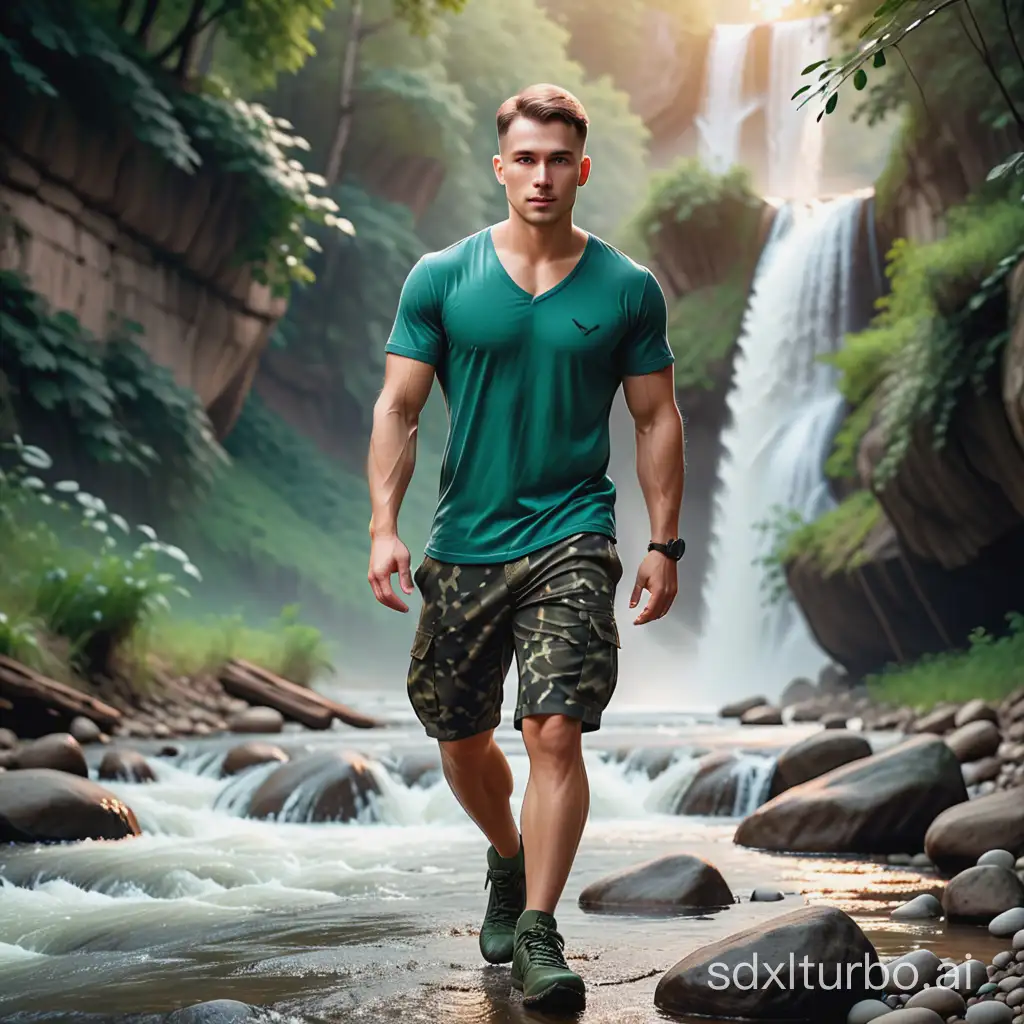 a handsome Russian man 27 years old, aesthetic physique, a side-parted hairstyle,  wearing a v-neck t-shirt with MILITARY CAMOUFLAGE PATTERNS, cargo short pants, and trail shoes, walking steadily on the side of the river, waterfall, night, mist, sunrise.