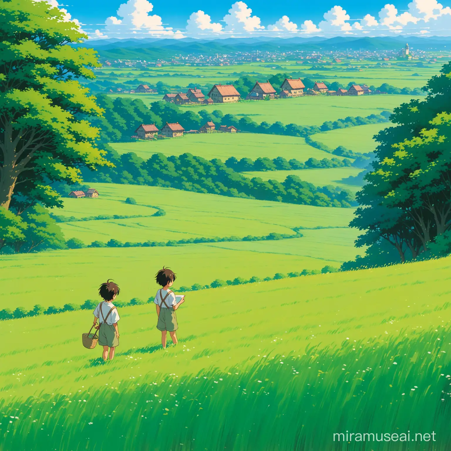 kids playing in the fields, their doing his work in the field, studio ghibli, peaceful daylight 