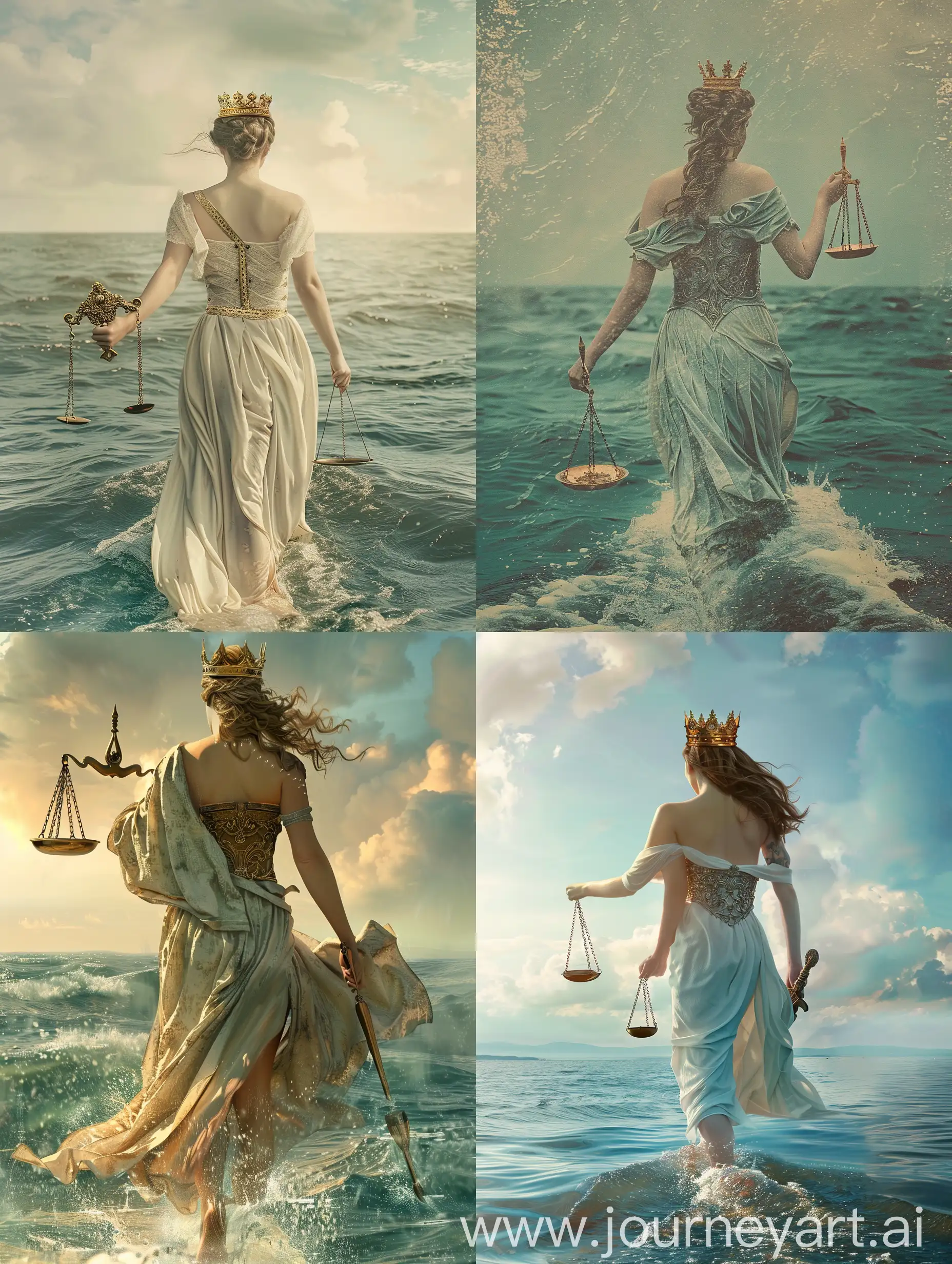 back of a woman walking on a sea with Scales of justice in her hand and a crown on her head