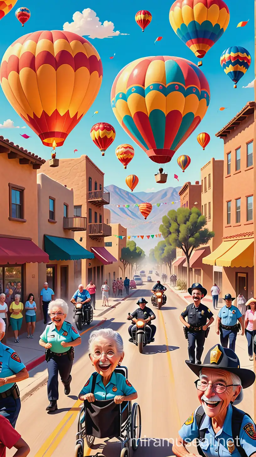 Poster style, many elderly people, handicap in wheelchairs, fire fighters standing, police standing, care givers standing, celebrating together, New Mexico background, hot air balloons, papel picado, road runner running by, everyone smiling, laughing and having fun. 