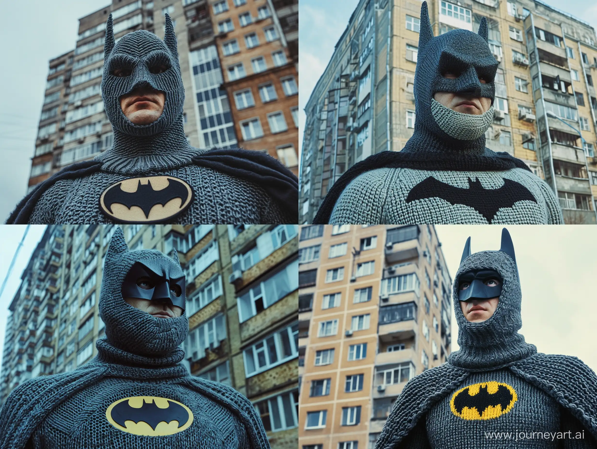 Бетмен в вязаном костюме в советском союзе на фоне многоэтажки, вязаная мягкая маска на лице 
