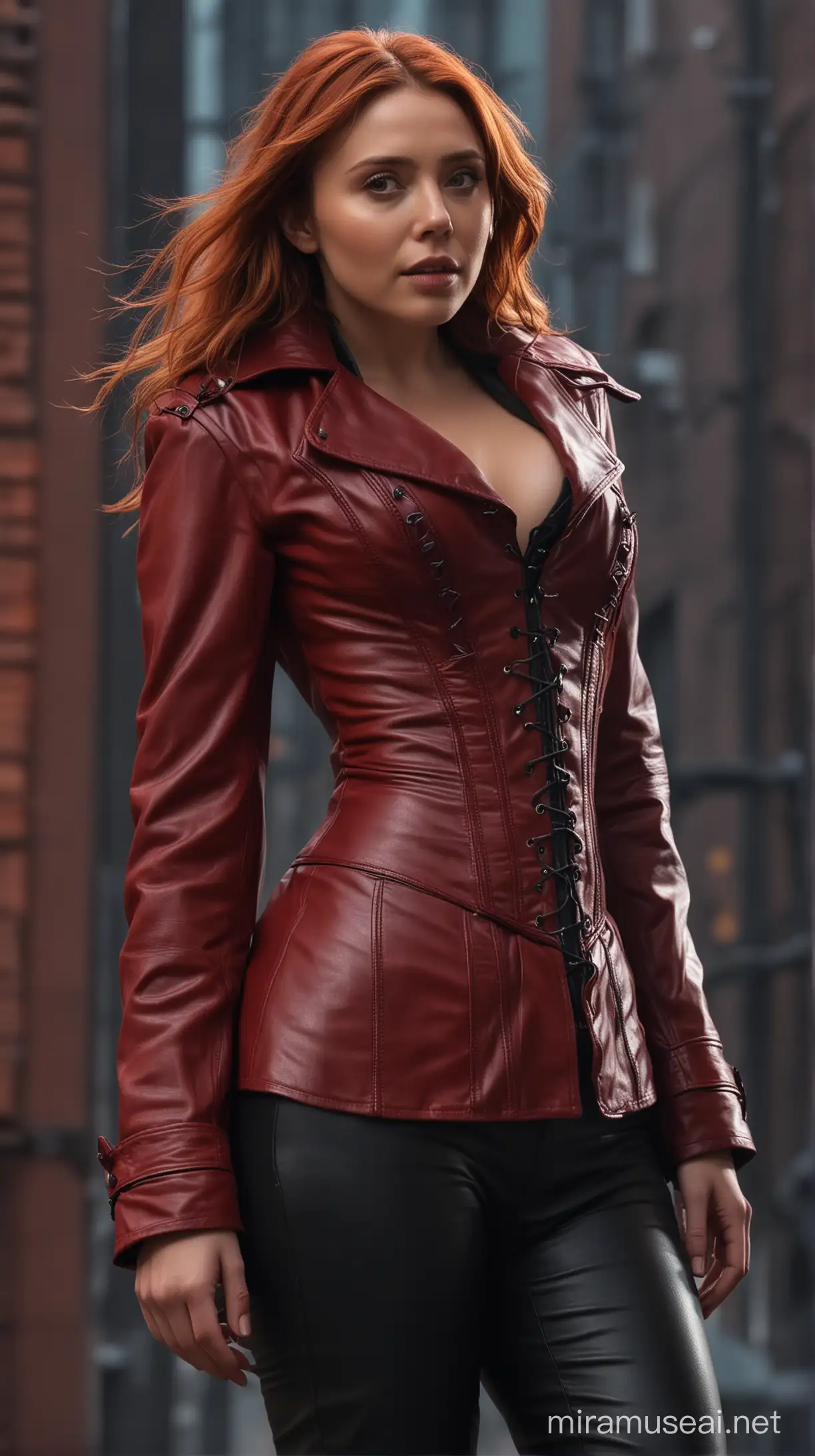 Elizabeth Olsen with red hair, in red leather corset and coat, black leather pants, high quality, detailed, realistic, cinematic, red color tones, dramatic lighting, urban setting, detailed facial features, professional, actress, vibrant, intense gaze, cinematic atmosphere