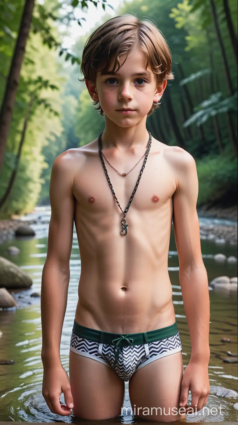 Niño europeo de 12 años collar de cadena solo usando briefs en un río enmedio de un bosque