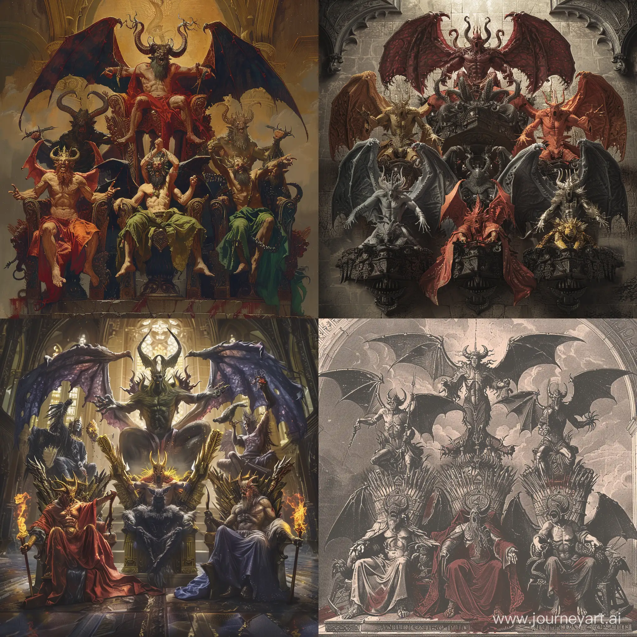 The seven fallen angels belphegor, satan, leviathan, asmodeus, mammon, lucifer, Beelzebubsit angrily on their own thrones, with Smodeus's throne being the largest 4k vertical