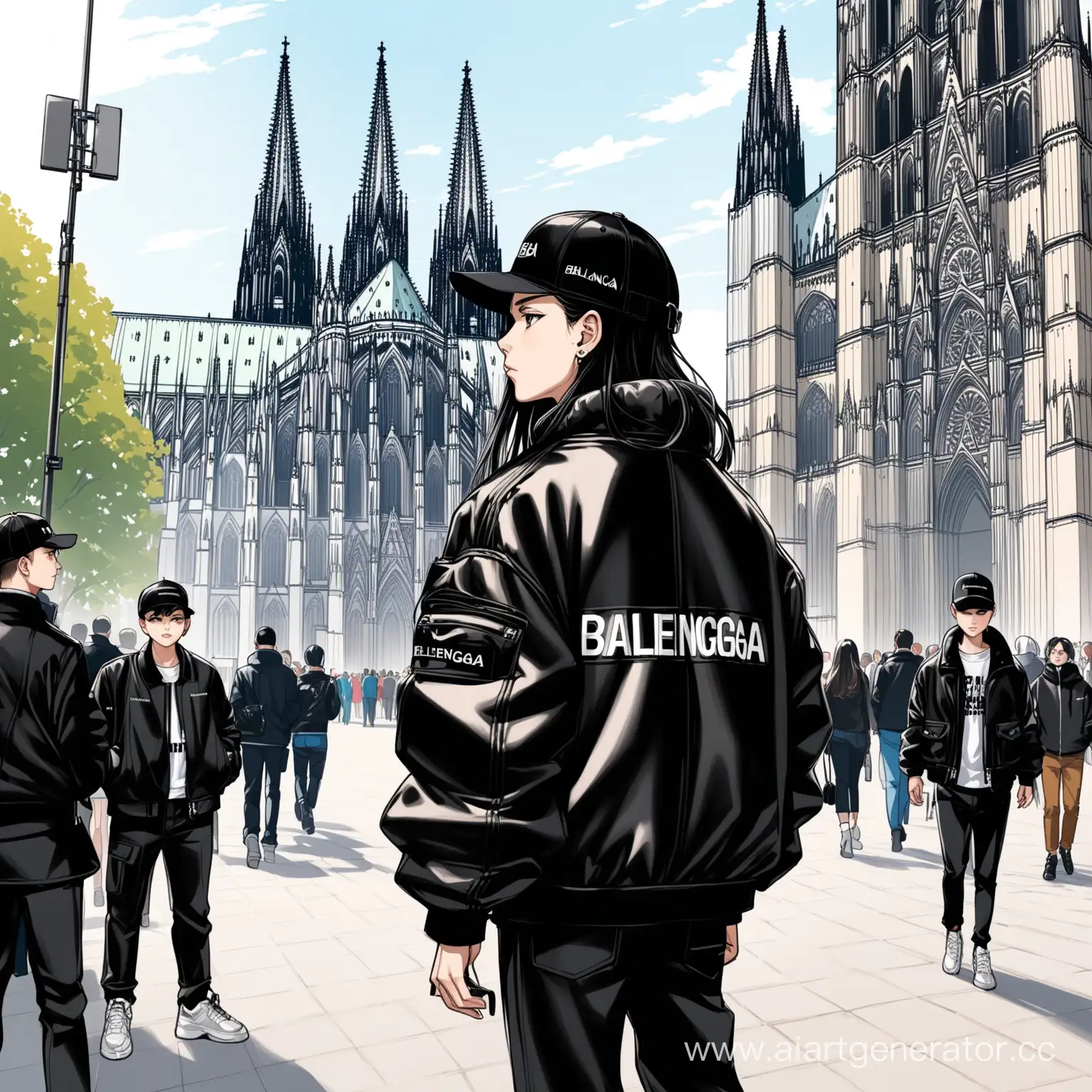 Stylish-Teenager-Posing-at-Cologne-Cathedral-in-Balenciaga-Outfit
