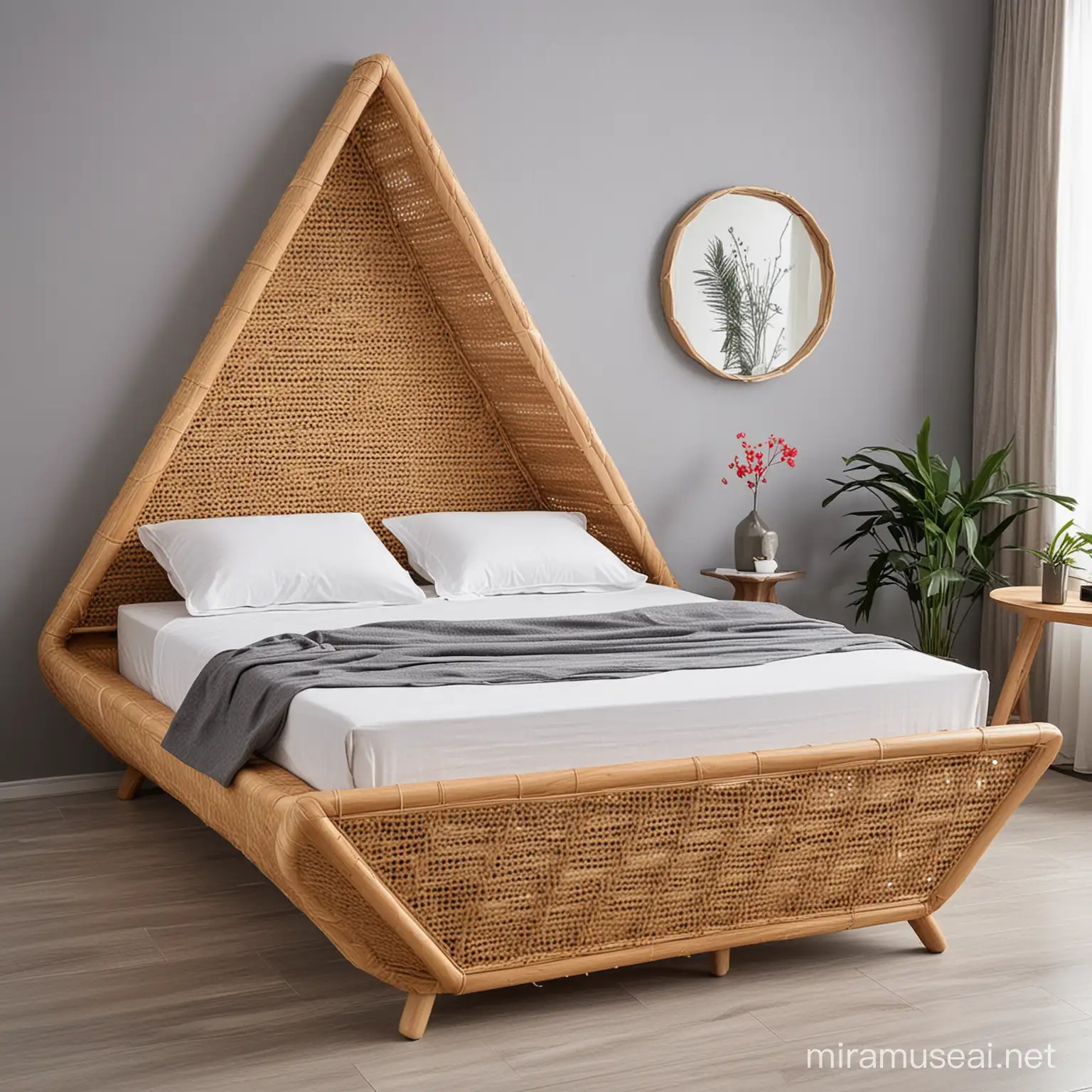 Modern Rattan and Wood Triangle Single Bed