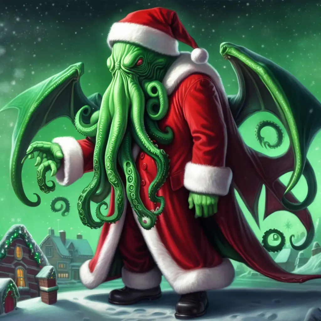 Santa Claus Embracing the Cosmic Spirit of Cthulhu in a Festive Fusion