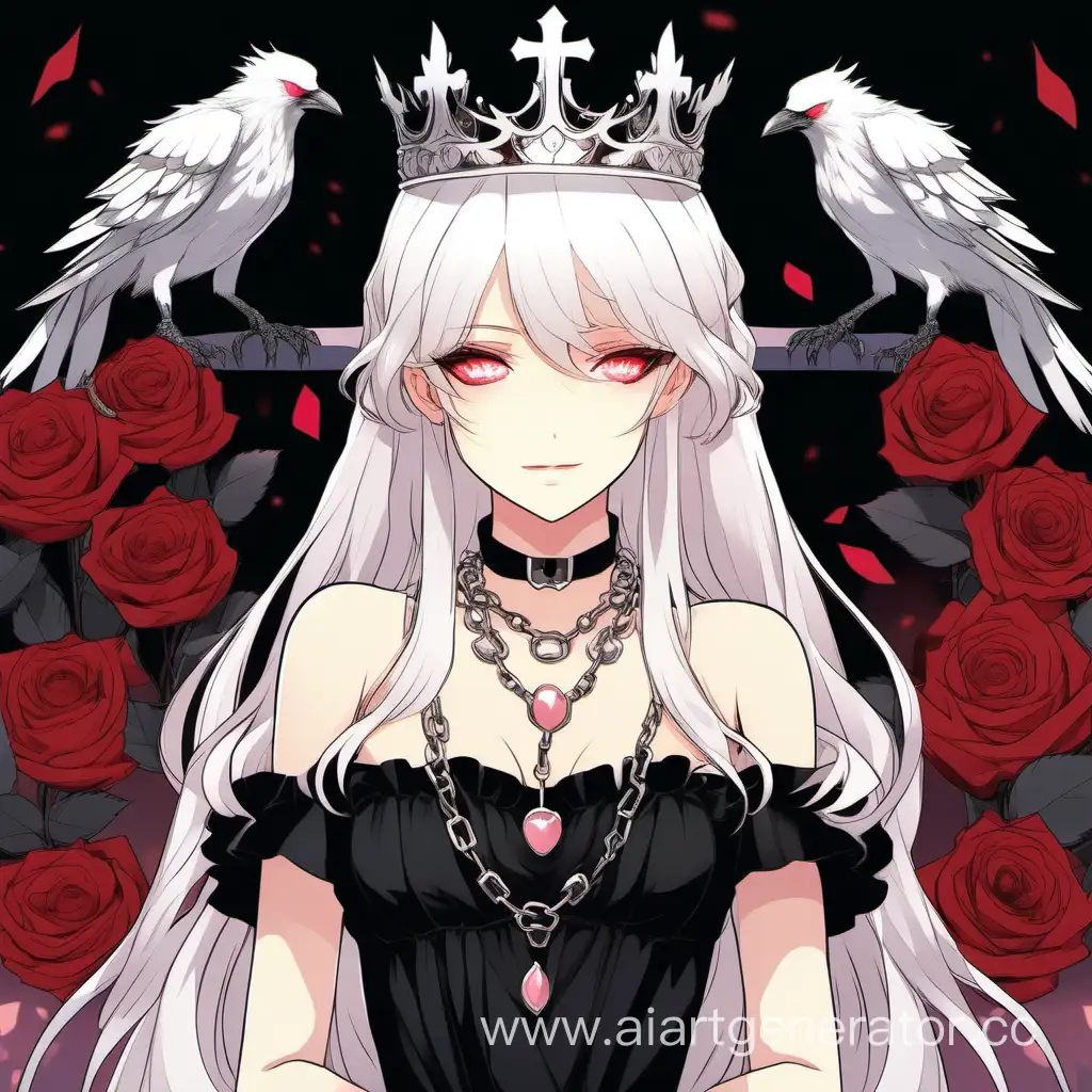 аниме девушка с белыми волосами и бледно розовыми глазами в черном открытом платье с белой короной и ожерельем и двумя воронами на плечах на фоне красных роз