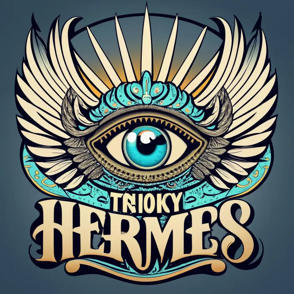 logo, eye with golden wings, in high detail, with the text "Trioky Hermes", typography, be used in Religious industry