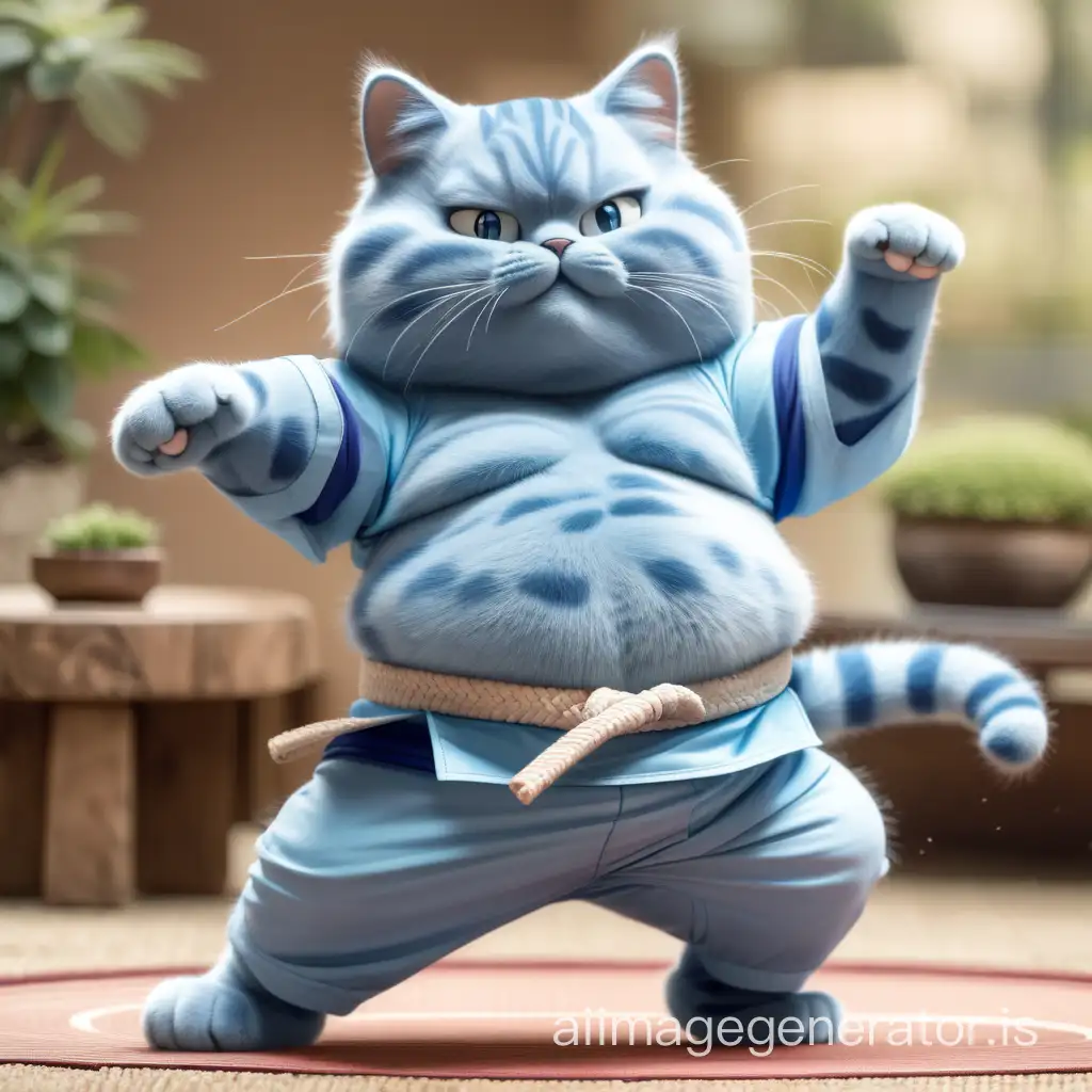 A chubby blue cat is practicing martial arts, with a blurred background