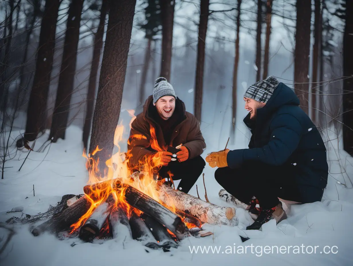 Winter-Forest-Bonfire-Friends-Enjoying-the-Tranquility-of-Spruce-and-Pine-Surroundings