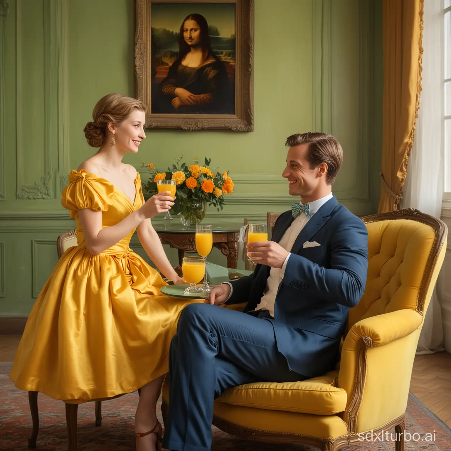 a white man, tall, handsome, brown short hair, man in a blue suit with a bow tie, with a glass of orange juice, looking and smiling at a classy short blond hair woman in a yellow dress holding a glass of orange juice, crossed leg, both seated in a french classicism light green armchair, looking at each other,  in a french classicism dark room, light green walls, yellow curtain in the back, light from the left, glass table in the left foreground with a big glass of orange juice on, mona lisa on the wall in the background, far portrait view, whole body,
