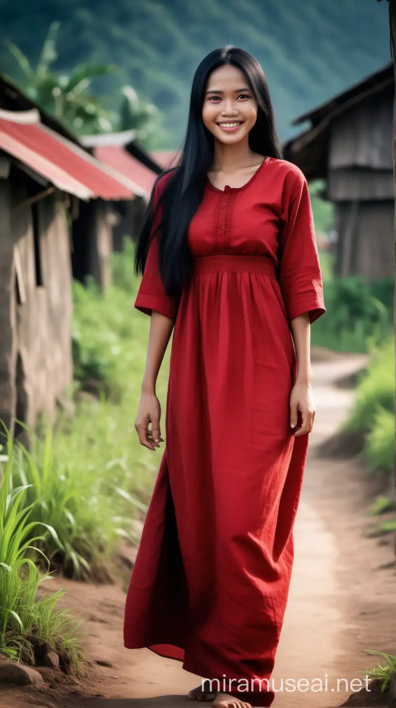 Gadis indonesia umur 30 tahun, wajah cantik, rambut hitam panjang, memakai gaun merah polos menutupi seluruh badan, sedang tersenyum, gambar full body, didesa yang asri, cinemarik format.